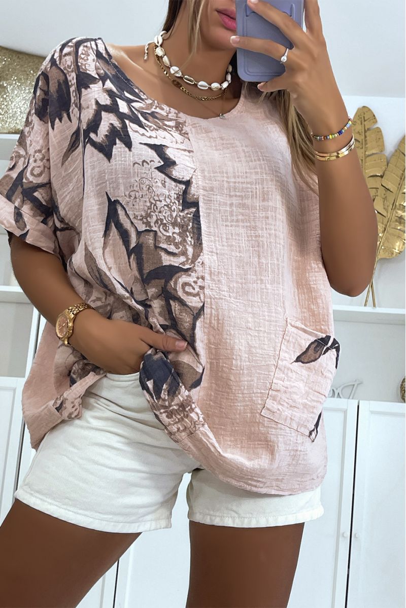 Pink oversized top with floral smoky effect print with round neck and half-length sleeves - 3