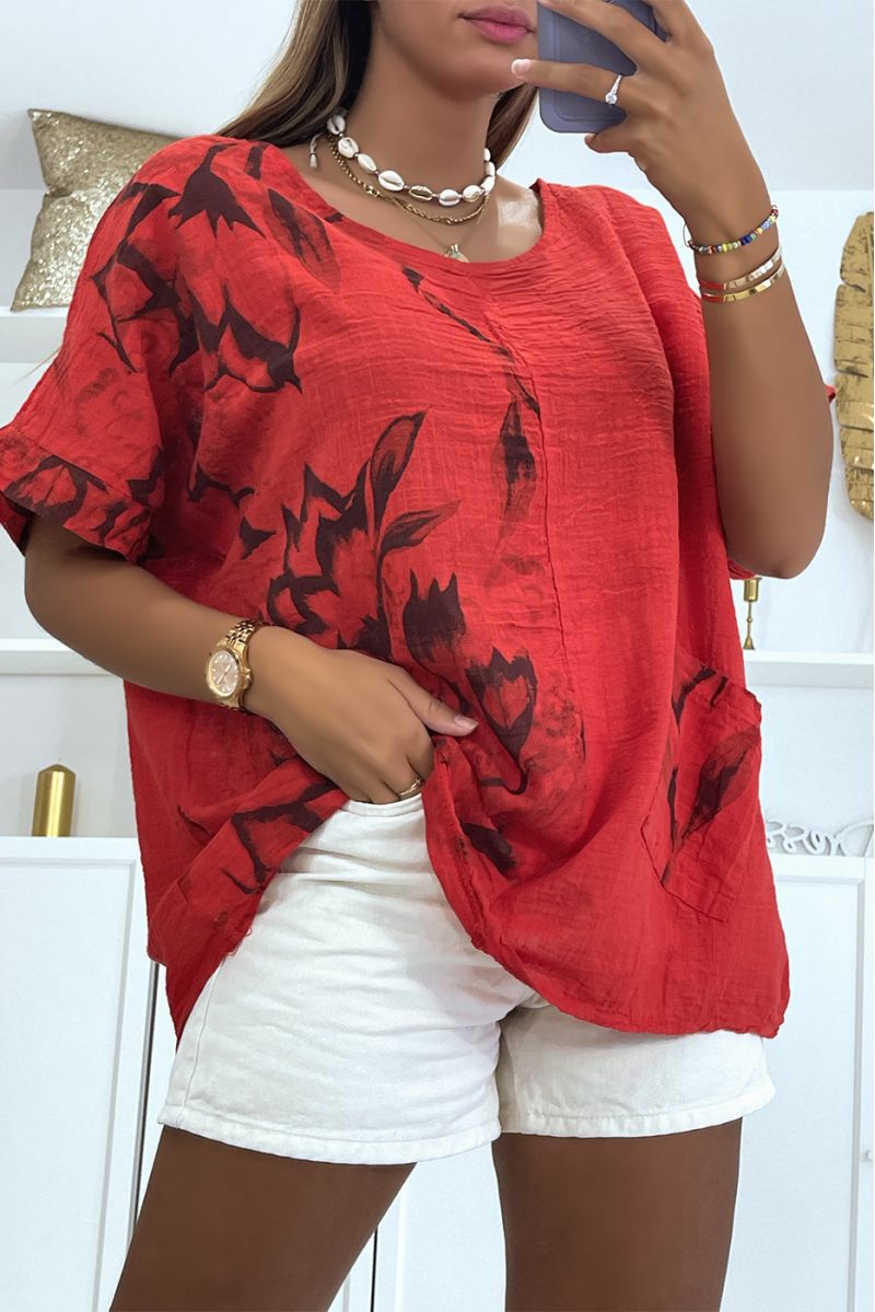 Red oversized top with floral smoky effect print with round neck and half-length sleeves - 1