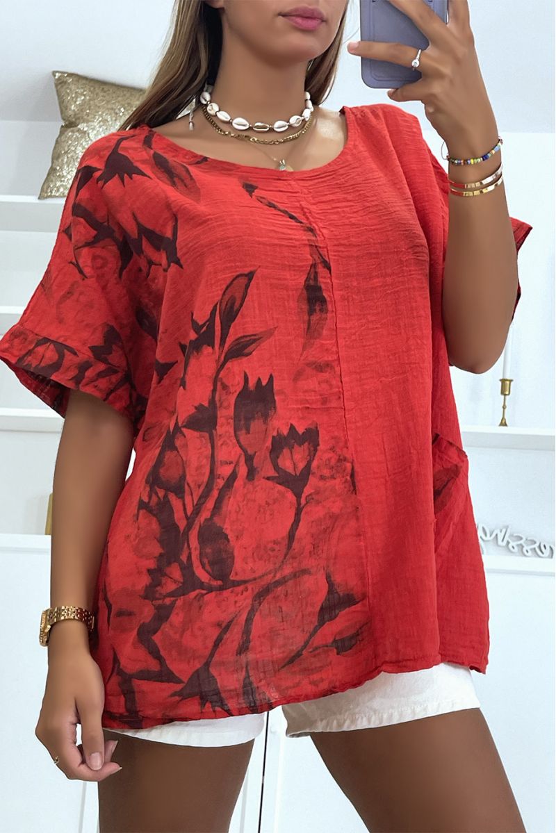 Red oversized top with floral smoky effect print with round neck and half-length sleeves - 2