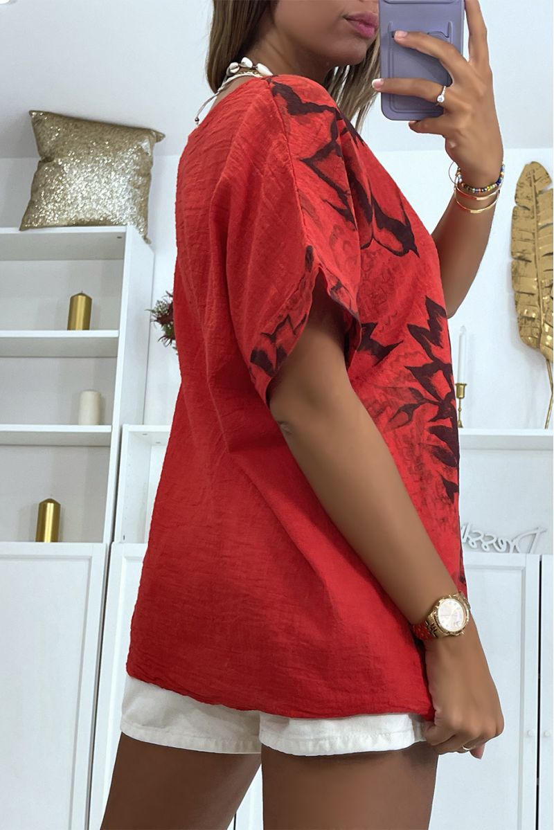 Red oversized top with floral smoky effect print with round neck and half-length sleeves - 3