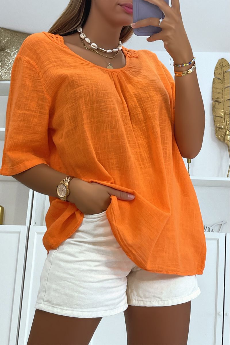 Orange cotton loose top with beautiful lace on the back and round neck - 3