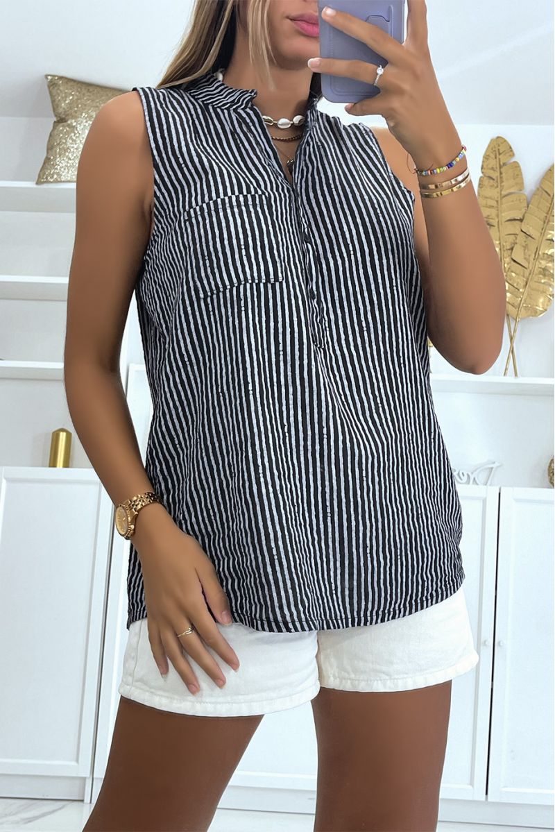 Black striped tank top with pocket and small buttons on the ample and comfortable chest - 1