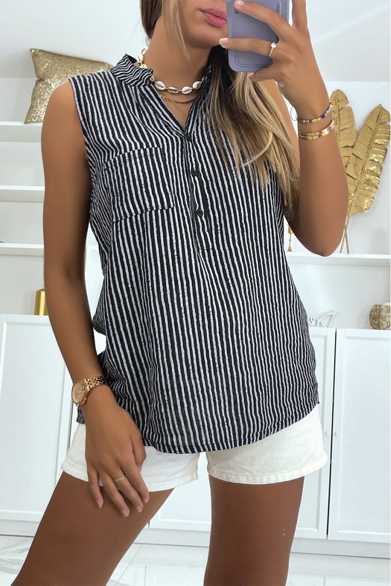 Black striped tank top with pocket and small buttons on the ample and comfortable chest - 3