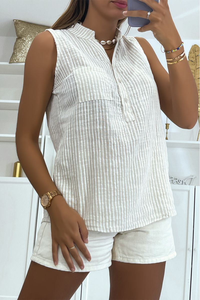 Beige striped tank top with pocket and small buttons on the ample and comfortable chest - 2