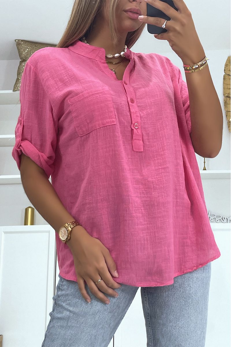 Losse oversized blouse met fuchsia linneneffect, halflange mouwen en kraag met knoop, perfect voor alle lichaamstypes - 1 Losse oversized blouse met fuchsia linneneffect, halflange mouwen en kraag met knoop, perfect voor alle lichaamstypes - 1