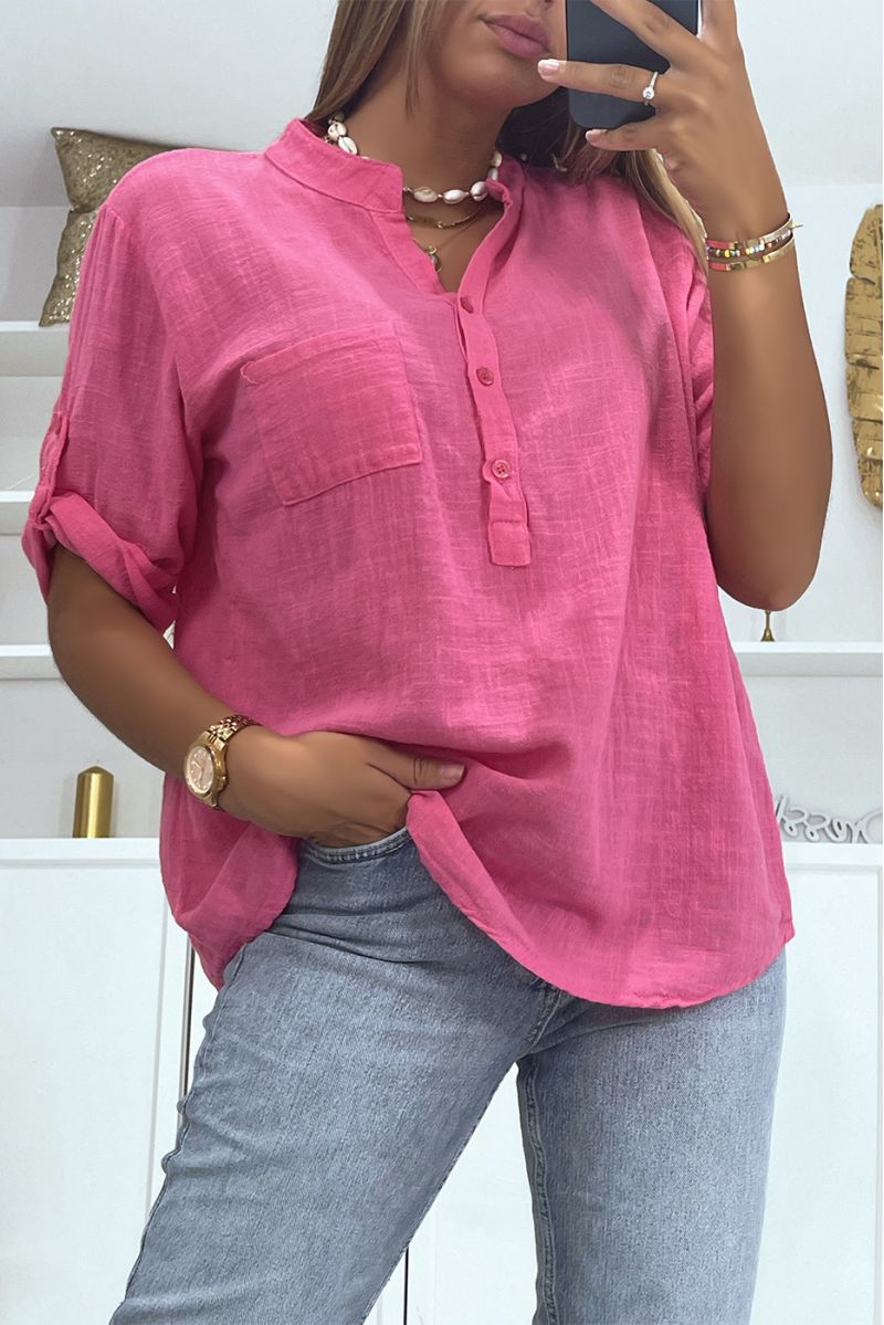 Losse oversized blouse met fuchsia linneneffect, halflange mouwen en kraag met knoop, perfect voor alle lichaamstypes - 2 Losse oversized blouse met fuchsia linneneffect, halflange mouwen en kraag met knoop, perfect voor alle lichaamstypes - 2