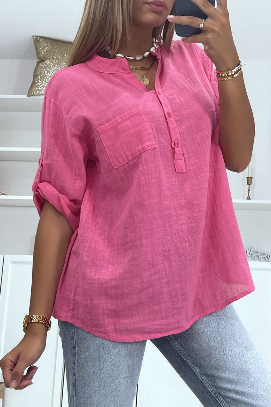 Loose fuchsia lineneffect oversized blouse with halflength sleeves