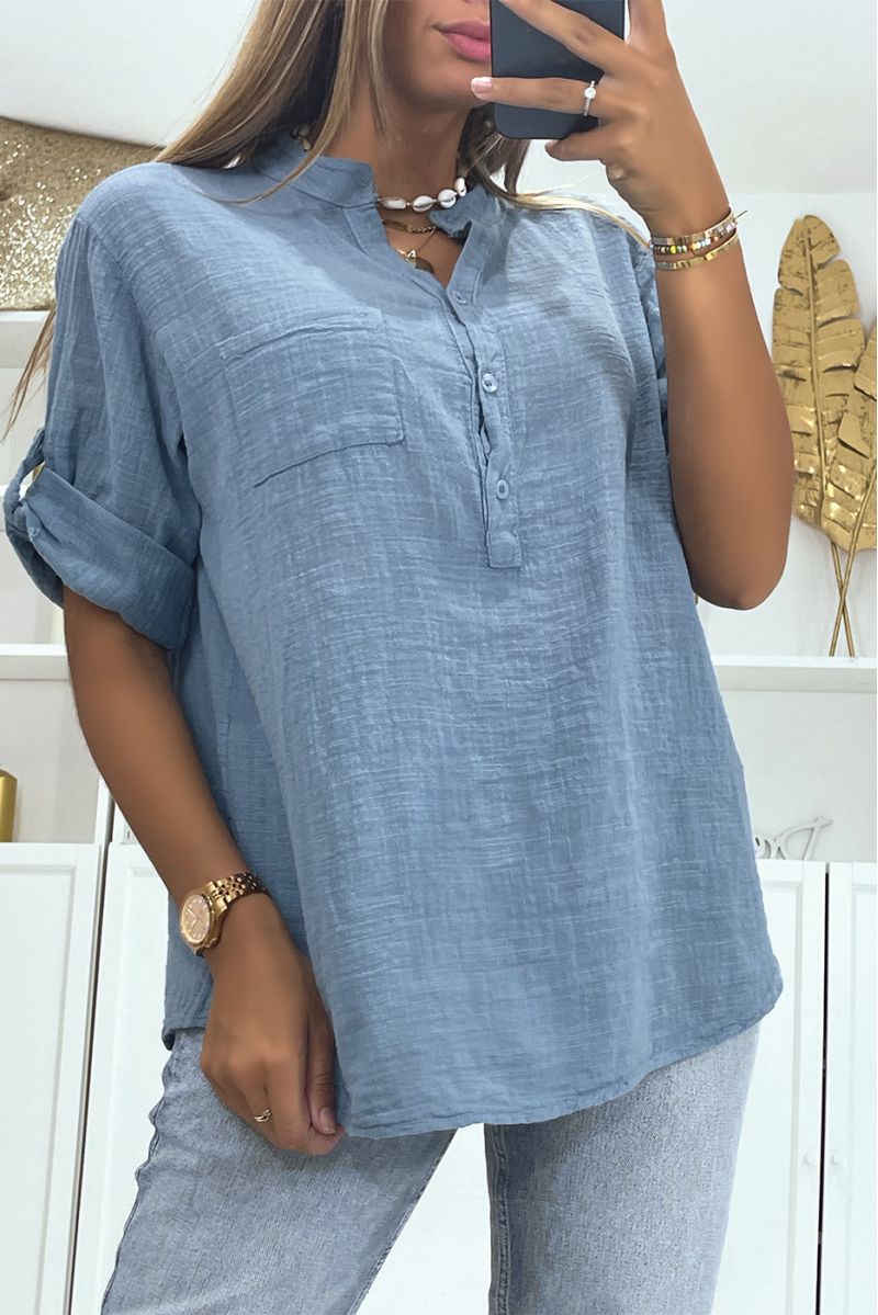 Losse indigo oversized blouse met linneneffect, halflange mouwen en kraag met knoop, perfect voor alle lichaamstypes - 1