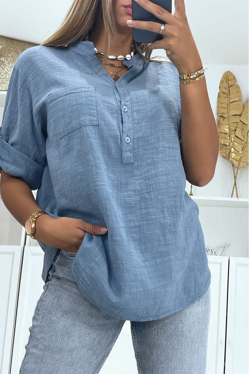 Losse indigo oversized blouse met linneneffect, halflange mouwen en kraag met knoop, perfect voor alle lichaamstypes - 3