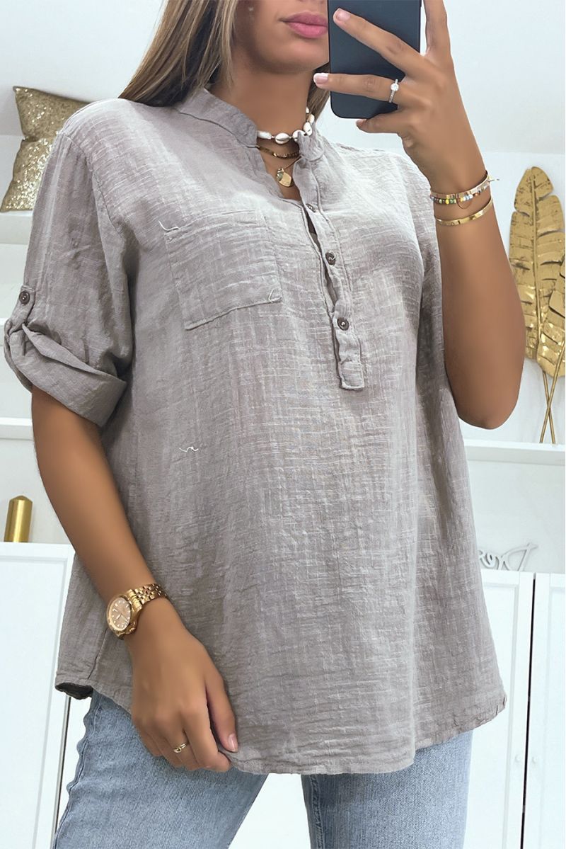 Loose linen-effect khaki oversized blouse with half-length sleeves and buttoned collar perfect for all body types - 1
