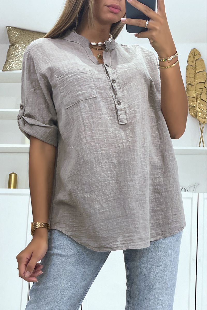 Loose linen-effect khaki oversized blouse with half-length sleeves and buttoned collar perfect for all body types - 2