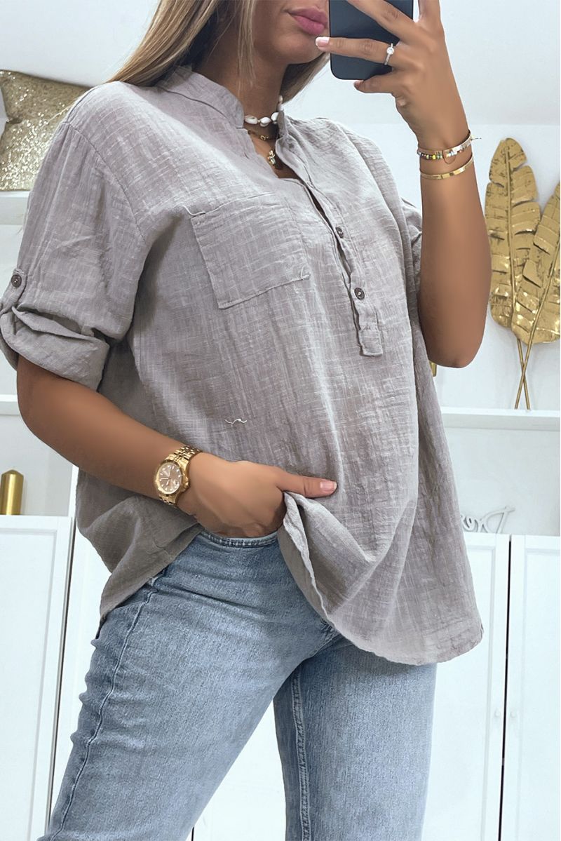 Loose linen-effect khaki oversized blouse with half-length sleeves and buttoned collar perfect for all body types - 3