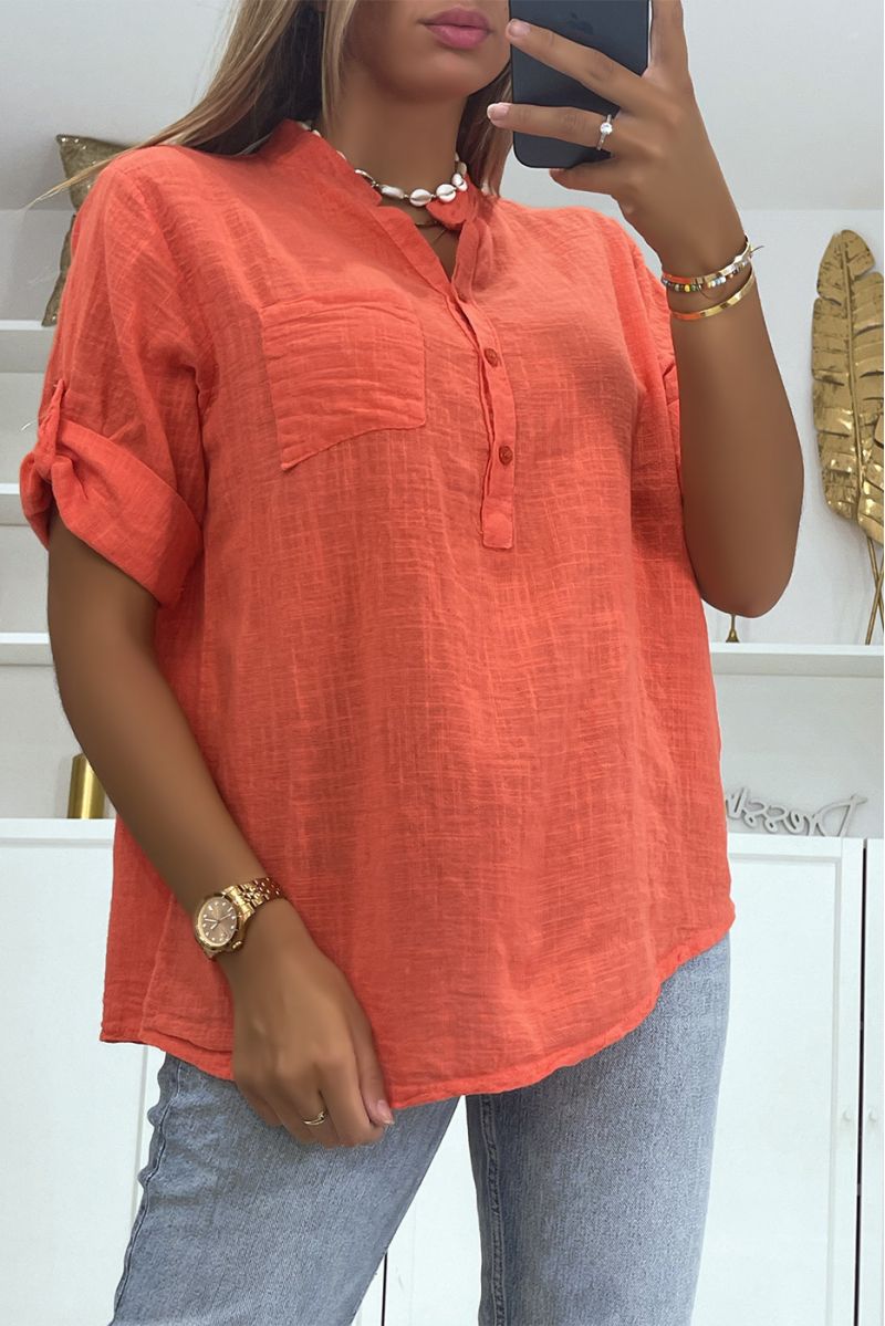 Blouse oversize corail effet lin ample à manches mi-longue et col à boutons parfaite pour toutes morphologies - 1