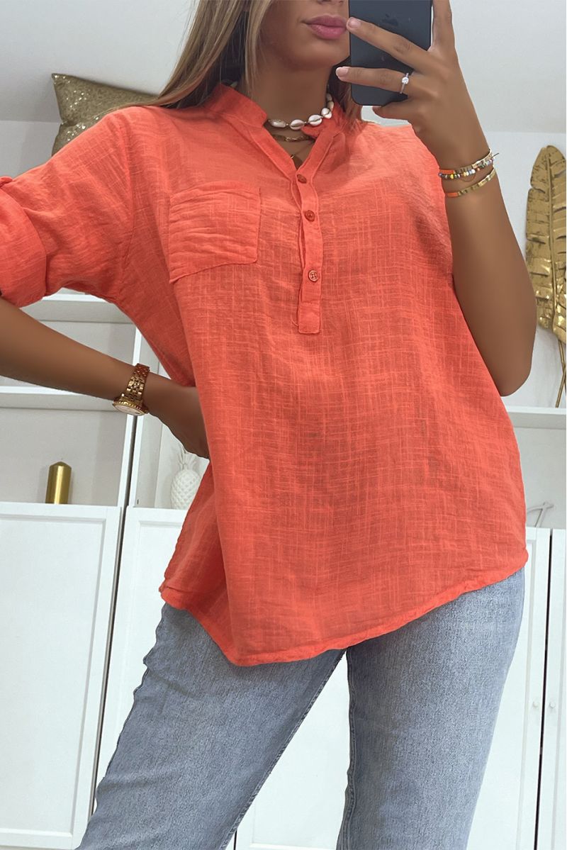 Blouse oversize corail effet lin ample à manches mi-longue et col à boutons parfaite pour toutes morphologies - 2