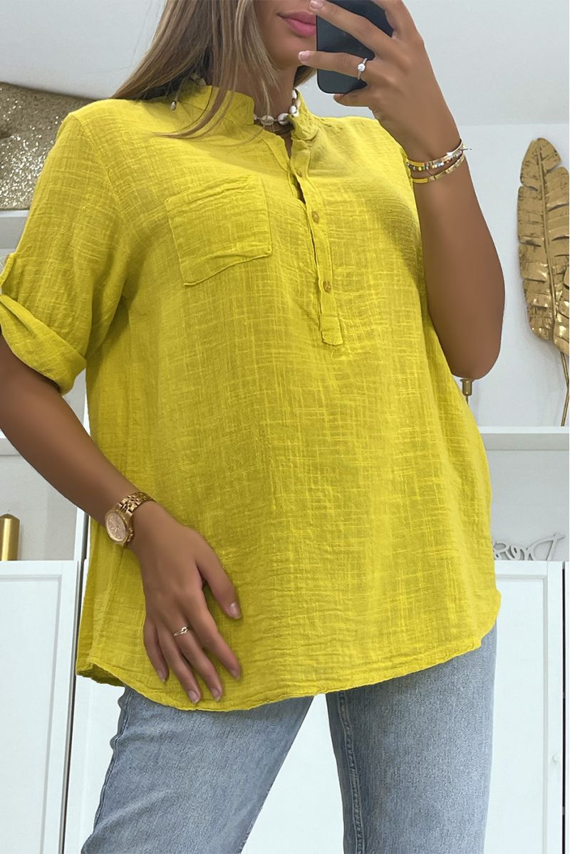 Mosterd losse oversized blouse met linneneffect, halflange mouwen en kraag met knopen, perfect voor alle lichaamstypes - 1 Mosterd losse oversized blouse met linneneffect, halflange mouwen en kraag met knopen, perfect voor alle lichaamstypes - 1