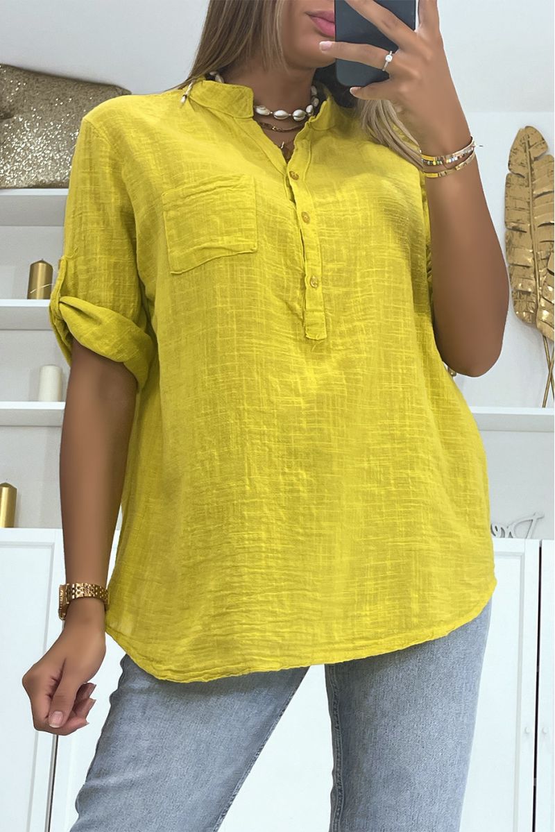 Blouse oversize moutarde effet lin ample à manches mi-longue et col à boutons parfaite pour toutes morphologies - 2