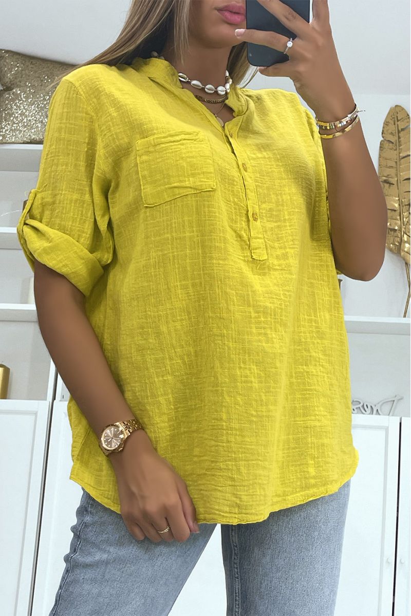 Mustard loose linen-effect oversized blouse with half-length sleeves and buttoned collar perfect for all body types - 3