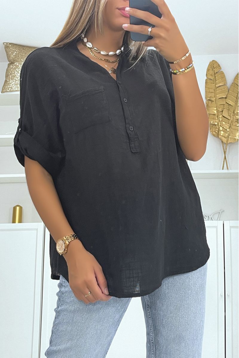 Blouse oversize noire effet lin ample à manches mi-longue et col à boutons parfaite pour toutes morphologies - 1