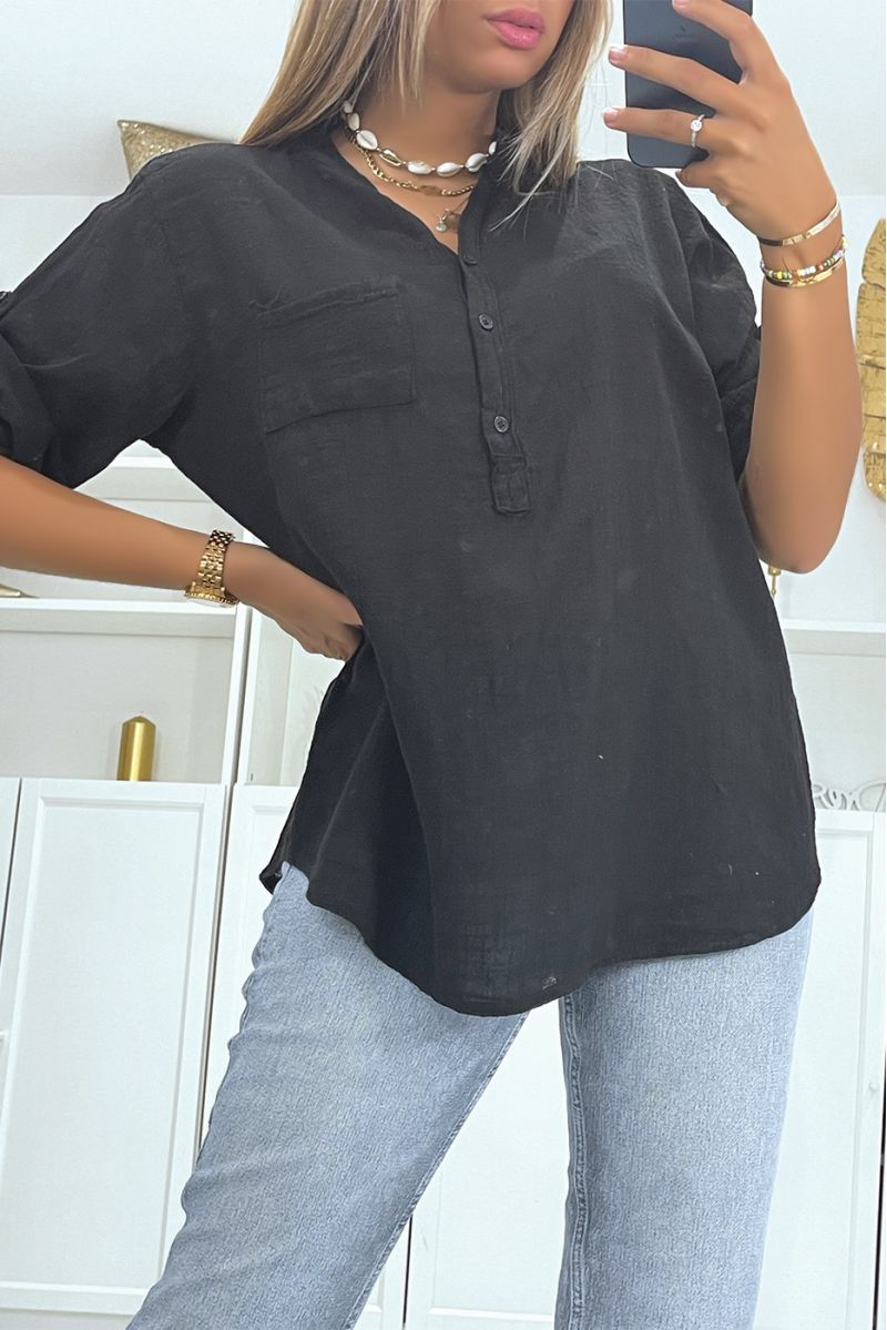 Blouse oversize noire effet lin ample à manches mi-longue et col à boutons parfaite pour toutes morphologies - 2