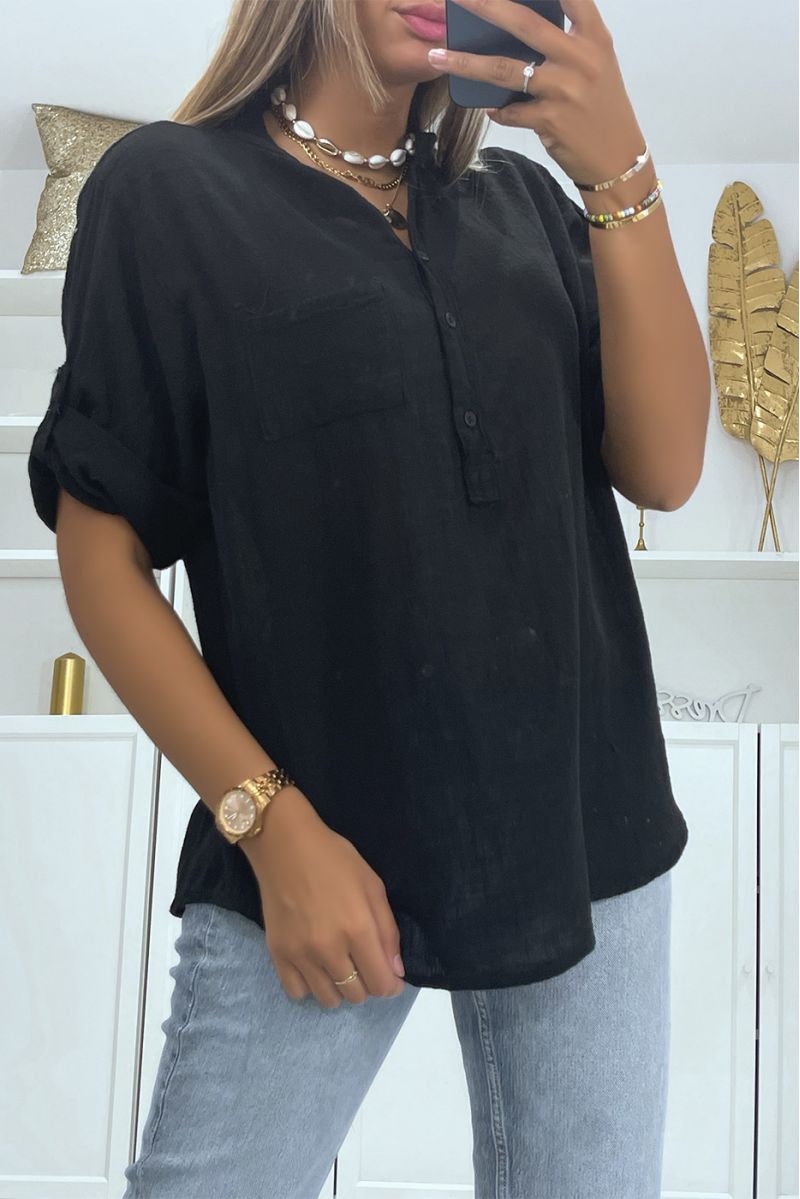 Blouse oversize noire effet lin ample à manches mi-longue et col à boutons parfaite pour toutes morphologies - 3