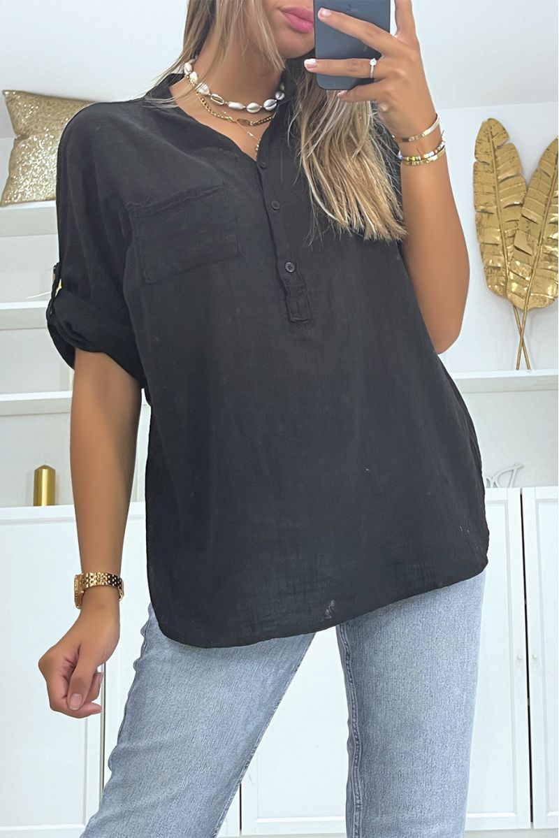 Blouse oversize noire effet lin ample à manches mi-longue et col à boutons parfaite pour toutes morphologies - 4