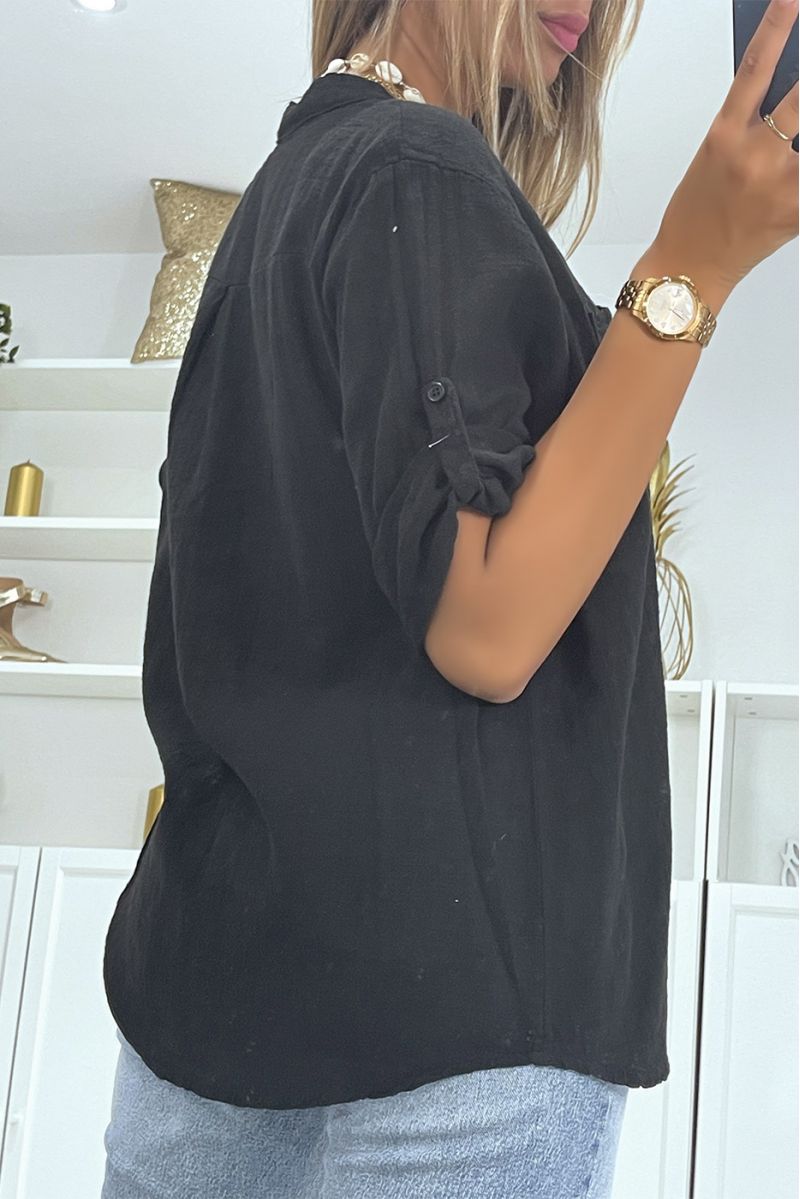 Blouse oversize noire effet lin ample à manches mi-longue et col à boutons parfaite pour toutes morphologies - 5