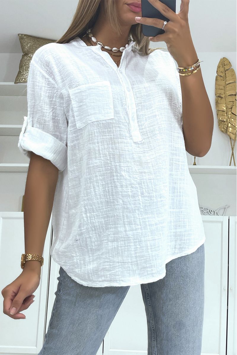 Losse oversized blouse met wit linneneffect, halflange mouwen en kraag met knoop, perfect voor alle lichaamstypes - 2 Losse oversized blouse met wit linneneffect, halflange mouwen en kraag met knoop, perfect voor alle lichaamstypes - 2