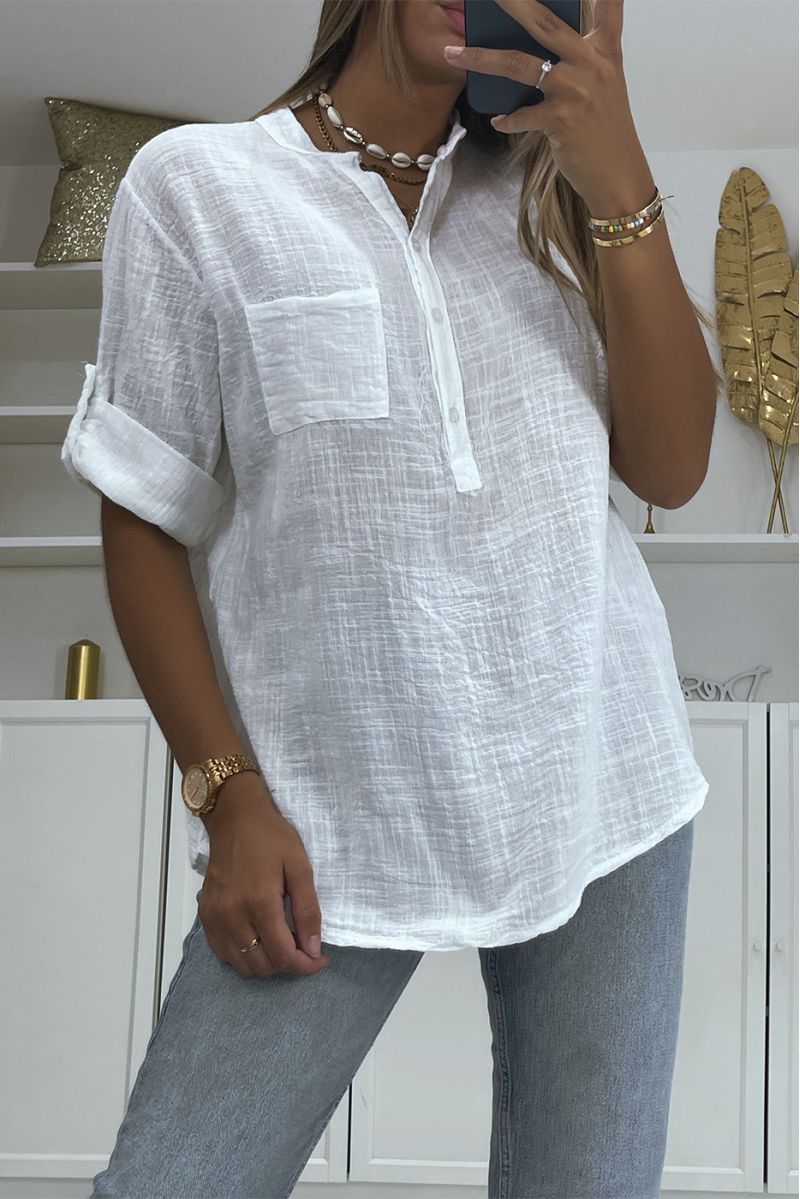 Losse oversized blouse met wit linneneffect, halflange mouwen en kraag met knoop, perfect voor alle lichaamstypes - 3 Losse oversized blouse met wit linneneffect, halflange mouwen en kraag met knoop, perfect voor alle lichaamstypes - 3