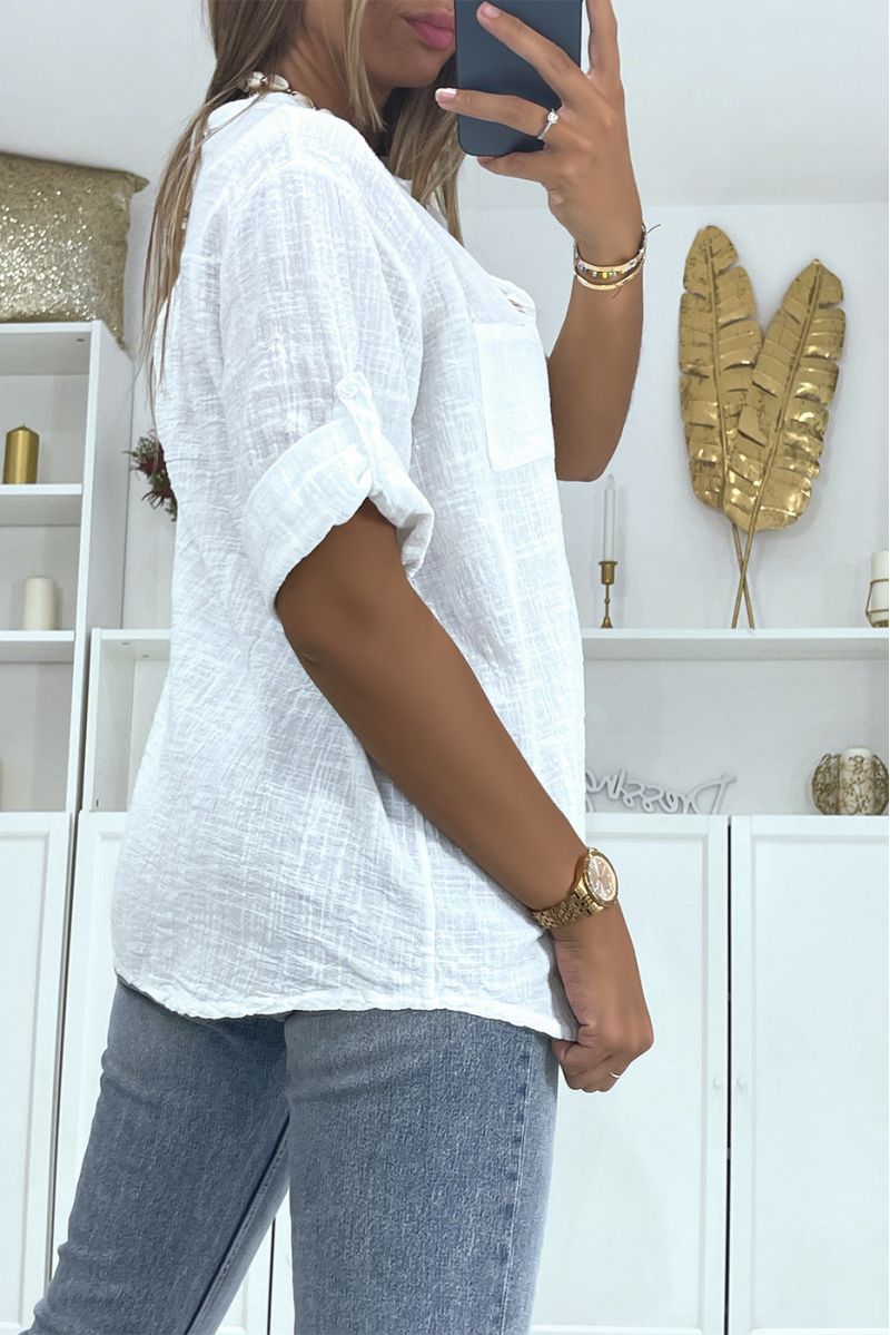 Losse oversized blouse met wit linneneffect, halflange mouwen en kraag met knoop, perfect voor alle lichaamstypes - 4 Losse oversized blouse met wit linneneffect, halflange mouwen en kraag met knoop, perfect voor alle lichaamstypes - 4