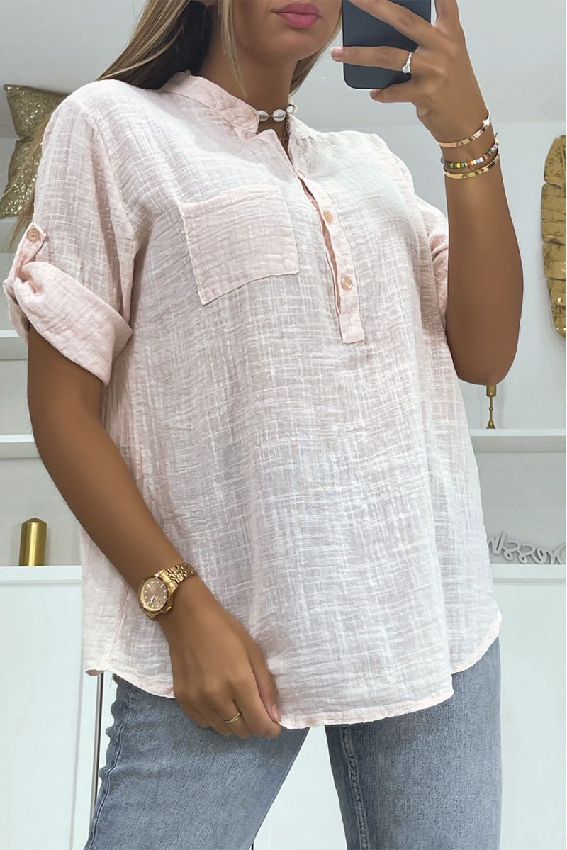Loose linen-effect pink oversized blouse with half-length sleeves and buttoned collar perfect for all body types - 1