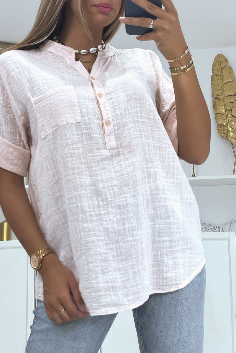 Losse roze oversized blouse met linneneffect, halflange mouwen en kraag met knoop, perfect voor alle lichaamstypes - 3