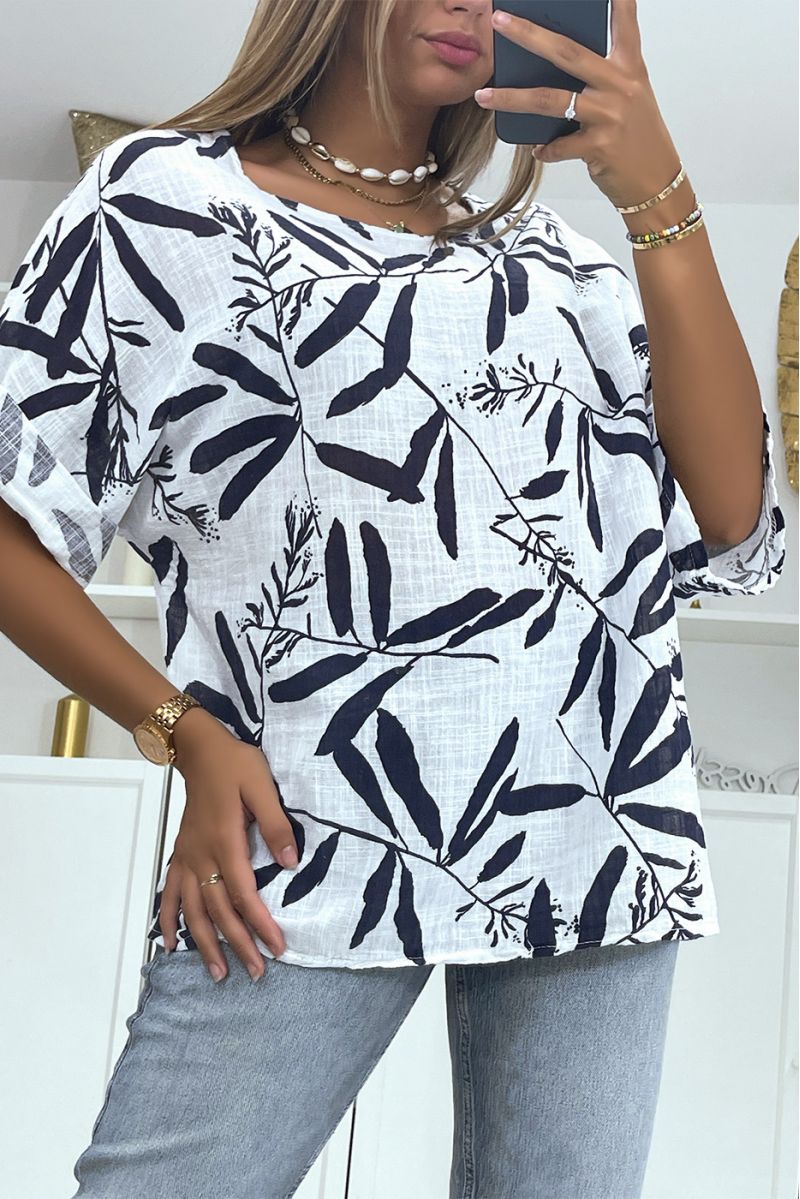 Oversized white linen-effect blouse with trendy and refined floral print - 1