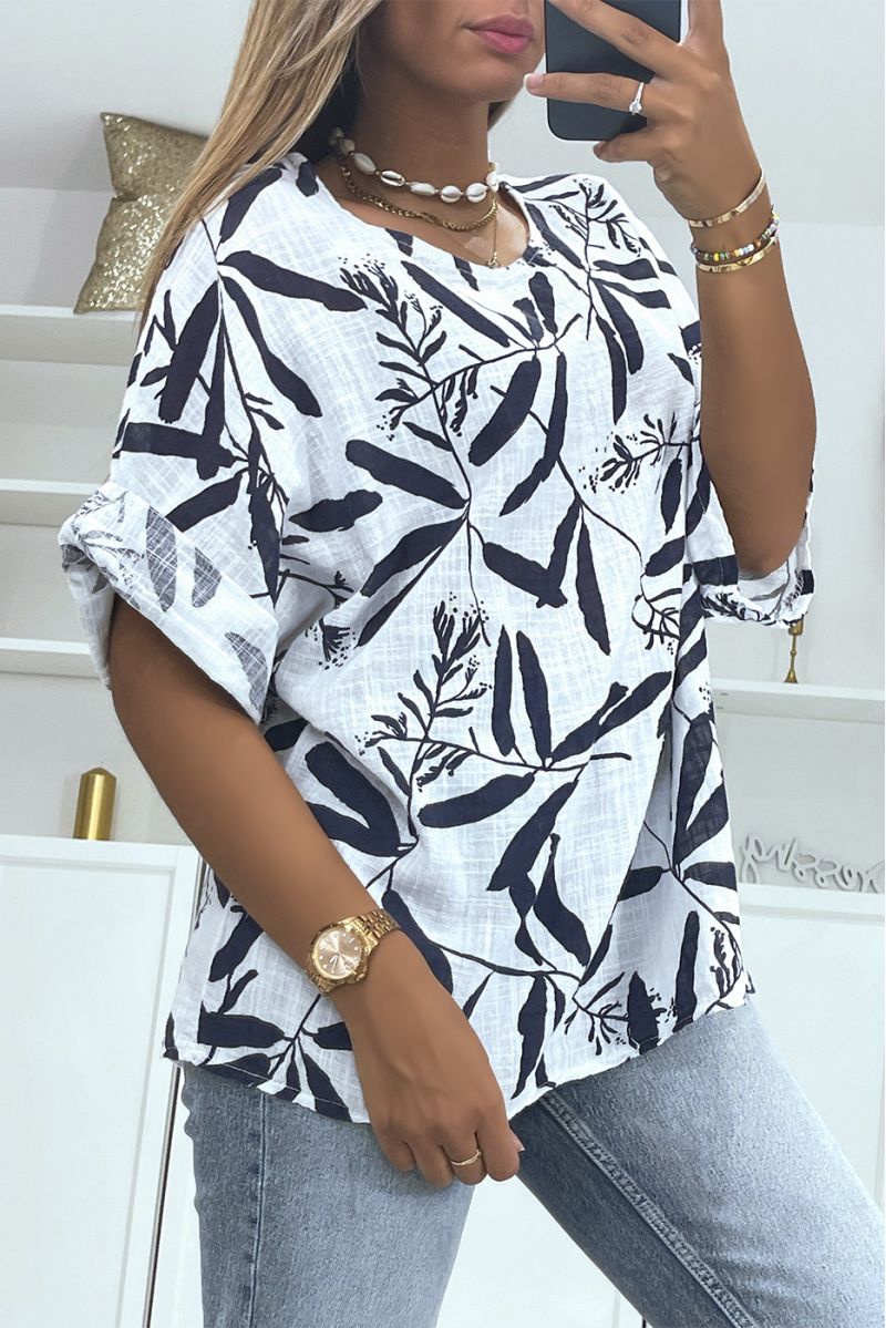 Oversized white linen-effect blouse with trendy and refined floral print - 2