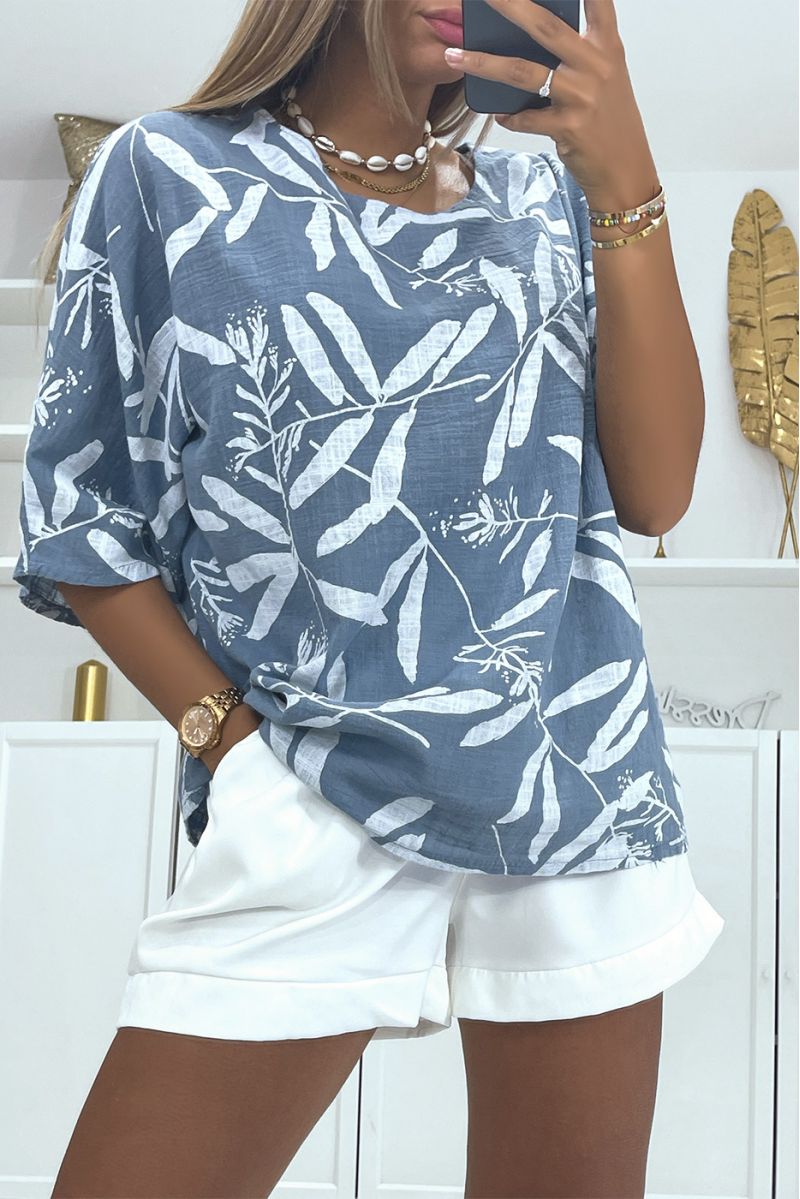 Indigo oversized blouse met linneneffect en trendy en verfijnde bloemenprint - 2 Indigo oversized blouse met linneneffect en trendy en verfijnde bloemenprint - 2