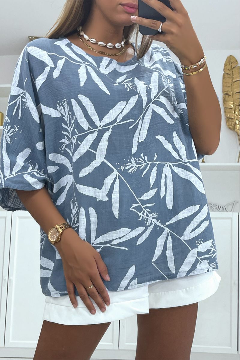 Indigo oversized blouse met linneneffect en trendy en verfijnde bloemenprint - 3 Indigo oversized blouse met linneneffect en trendy en verfijnde bloemenprint - 3
