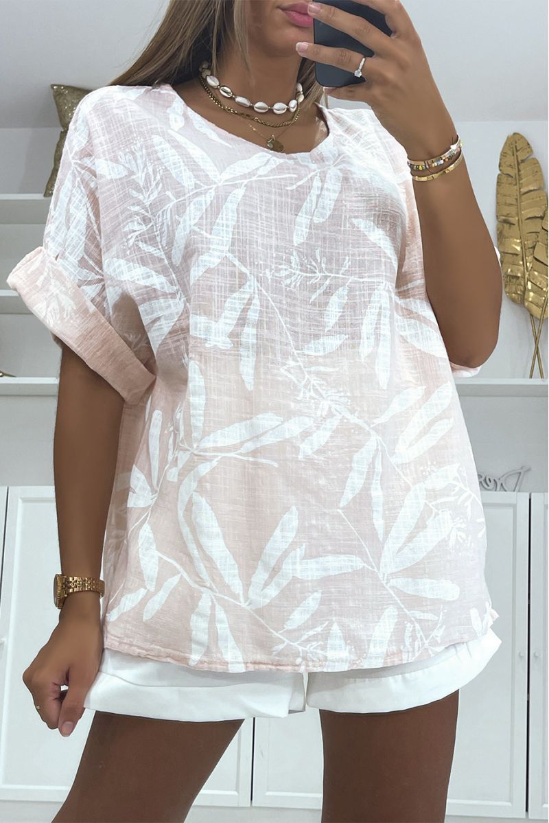 Oversized pink linen-effect blouse with a trendy and refined floral print - 1