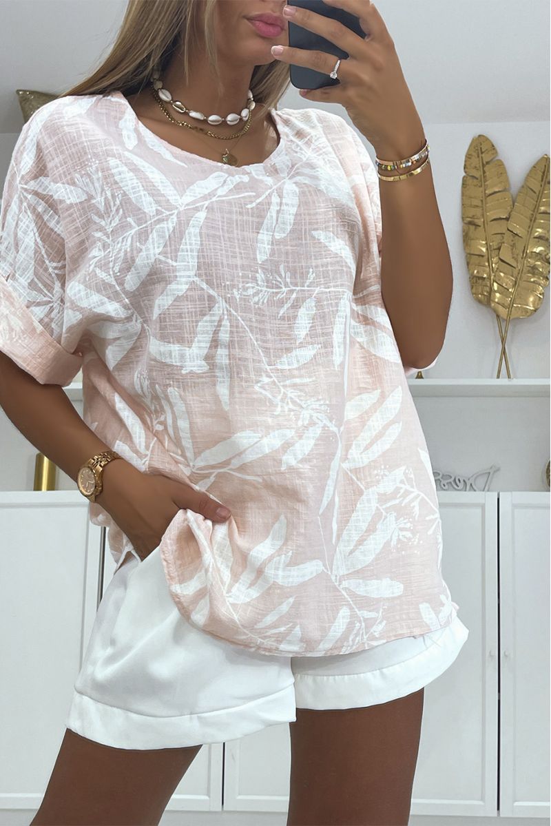 Oversized pink linen-effect blouse with a trendy and refined floral print - 2