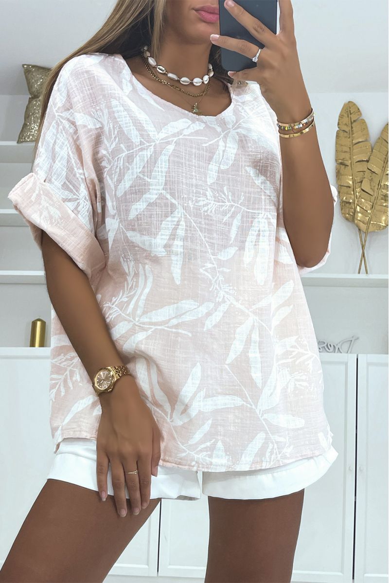 Oversized pink linen-effect blouse with a trendy and refined floral print - 3
