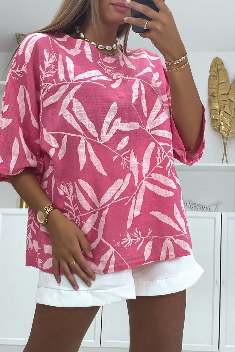 Oversized blouse met fuchsia linneneffect en trendy en verfijnde bloemenprint - 1