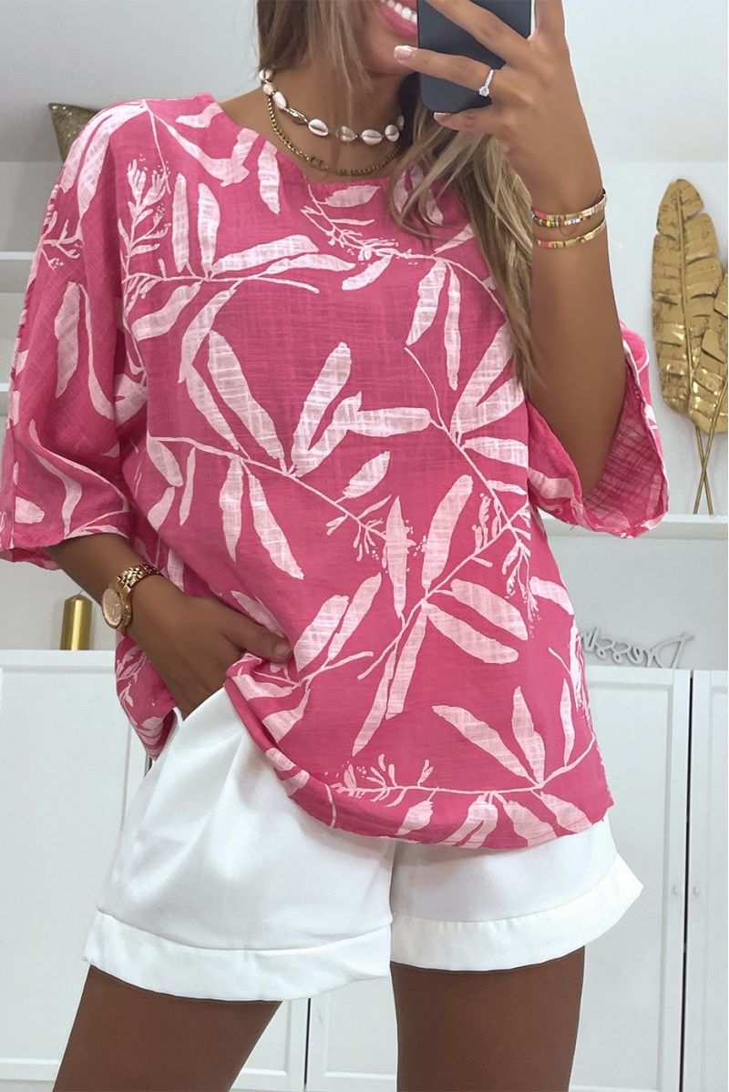 Oversized fuchsia linen-effect blouse with a trendy and refined floral print - 2