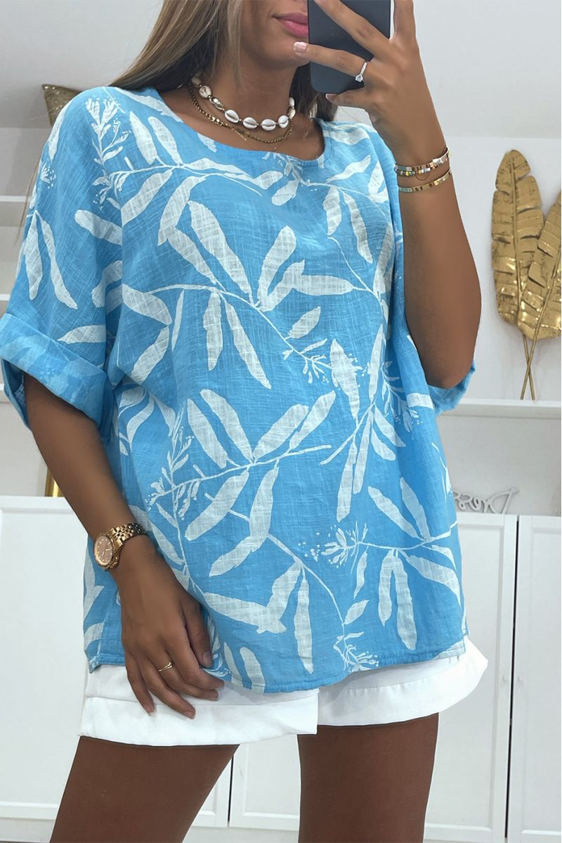 Turquoise linen-effect oversized blouse with a trendy and refined floral print - 1