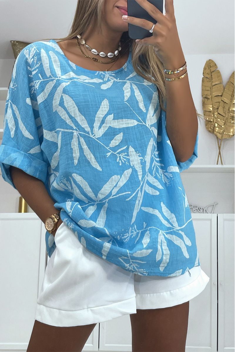 Turquoise linen-effect oversized blouse with a trendy and refined floral print - 2