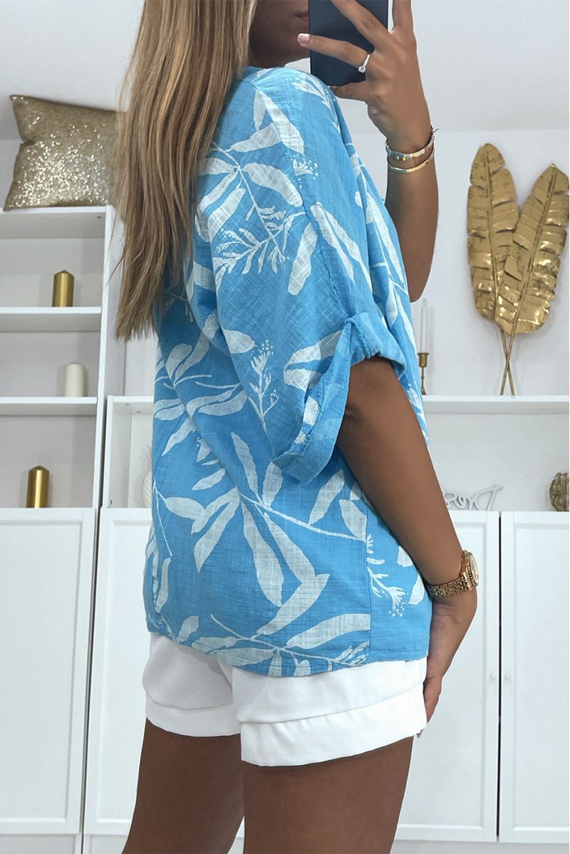 Turquoise linen-effect oversized blouse with a trendy and refined floral print - 3