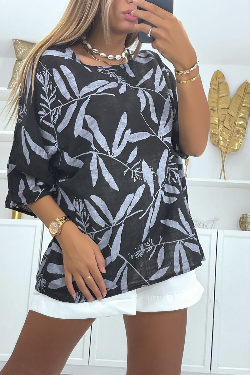 Oversized black linen-effect blouse with trendy and refined floral print - 1