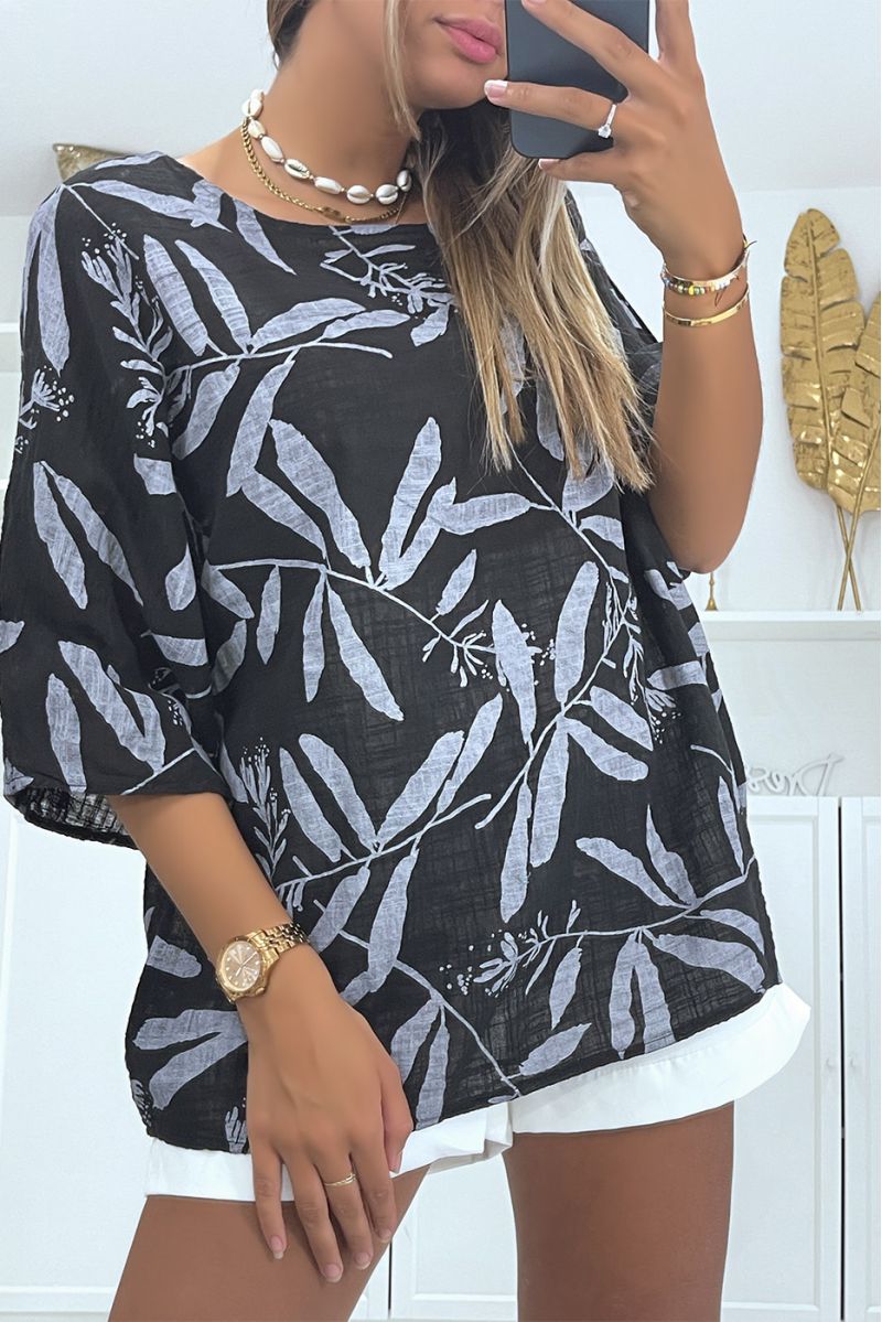 Oversized black linen-effect blouse with trendy and refined floral print - 2