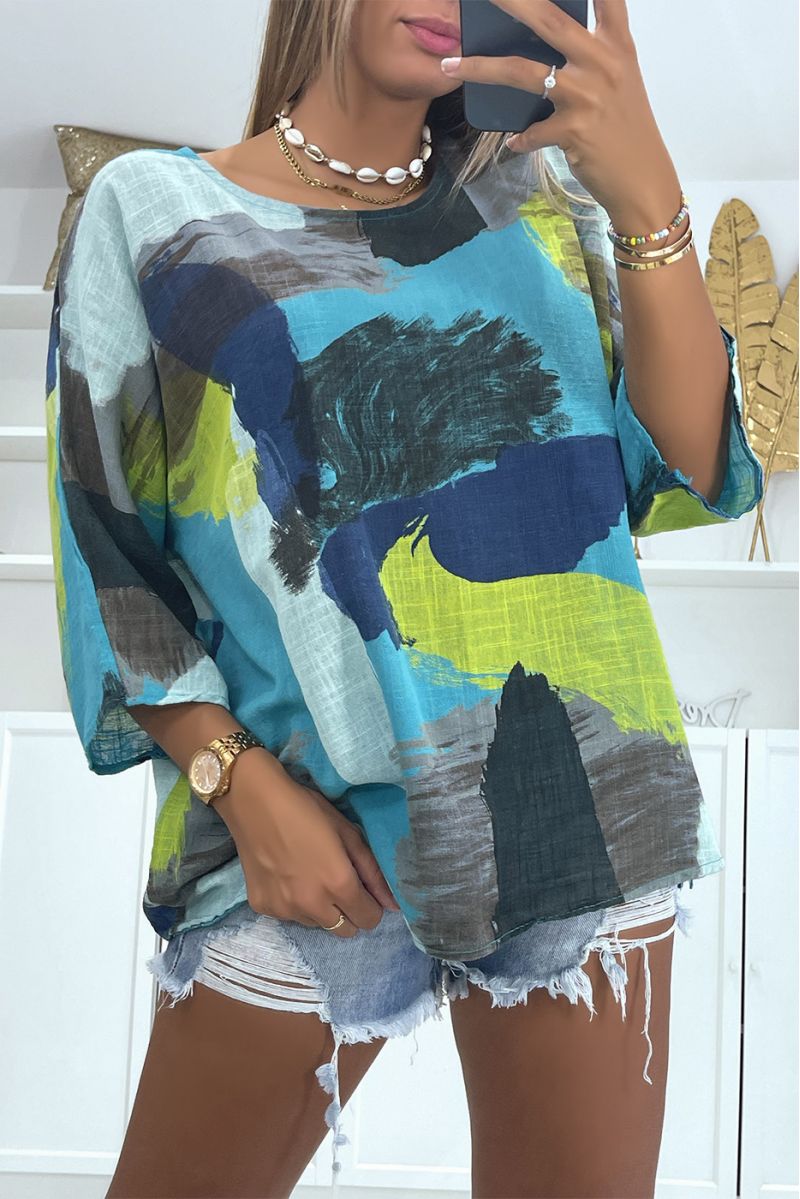 Turkoois veelkleurige blouse met linneneffect en losse en comfortabele ronde hals, ideaal voor het seizoen - 3 Turkoois veelkleurige blouse met linneneffect en losse en comfortabele ronde hals, ideaal voor het seizoen - 3