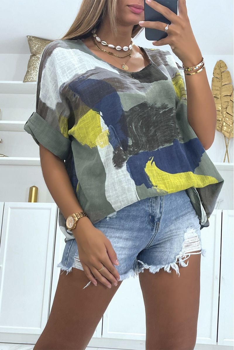 Blouse kaki effet lin multicolore à col rond ample et confortable idéale pour la saison - 1