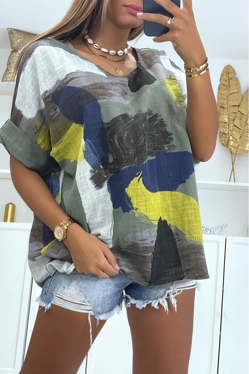 Veelkleurige linnen effect kaki blouse met losse en comfortabele ronde hals, ideaal voor het seizoen - 2