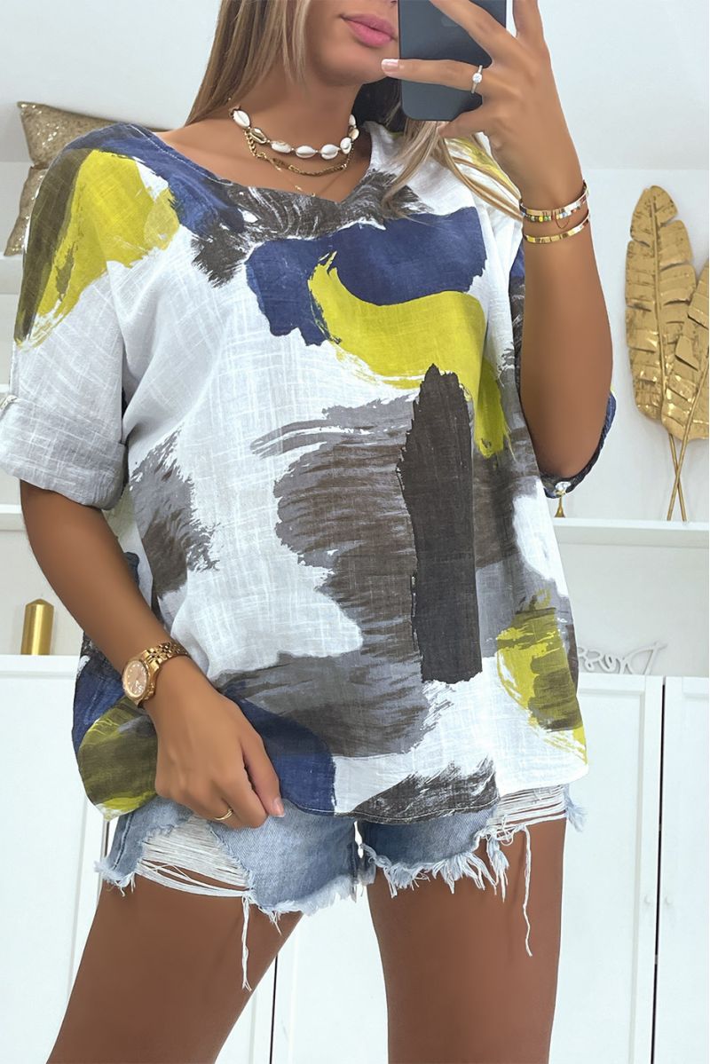 Blouse blanche effet lin multicolore à col rond ample et confortable idéale pour la saison - 3