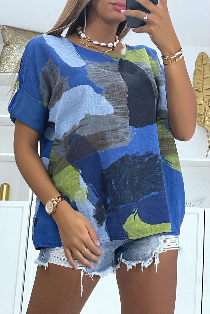 Royale veelkleurige blouse met linneneffect en losse en comfortabele ronde hals, ideaal voor het seizoen - 1 Royale veelkleurige blouse met linneneffect en losse en comfortabele ronde hals, ideaal voor het seizoen - 1